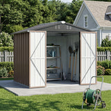 Brown metal garden shed with open doors and shelves, vented apex roof