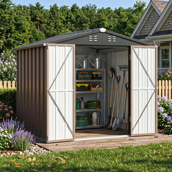 Brown metal garden storage shed with open double doors, vented apex roof