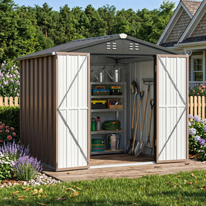 Brown metal garden storage shed with open double doors, vented apex roof