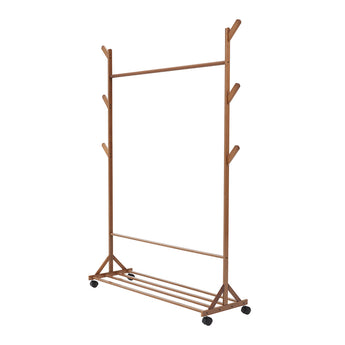Bamboo coat rack with side pegs and slatted bottom base on caster wheels