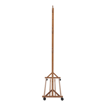 Bamboo garment rack with tall upright posts and caster wheels on base frame