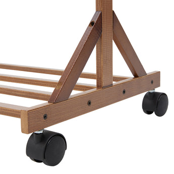 Close-up of bamboo rack corner joint and caster wheels at base frame