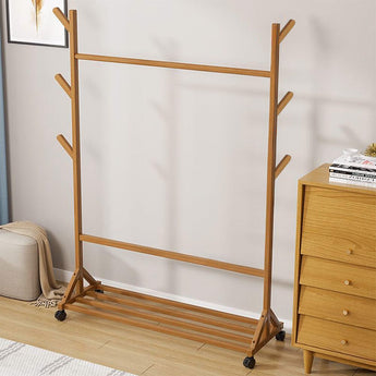 Freestanding bamboo coat rack frame with multiple side pegs and rolling base