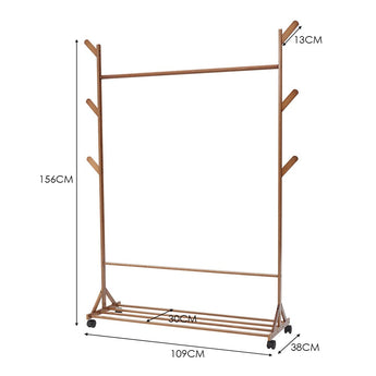 Natural bamboo clothes and hat rack with wheels; side hooks and open frame, 109x38x156cm
