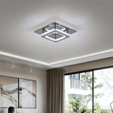 Square crystal LED flush mount ceiling light with chrome finish, geometric double frame