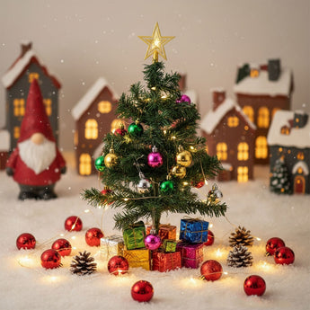 Mini artificial Christmas tree with gold star, red and green baubles, lights, gift boxes