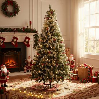 Artificial Christmas tree with warm lights and red accents, supported by metal stand.