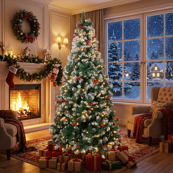 Artificial Christmas tree with lit branches and red ornaments, on metal stand.