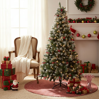 Artificial Christmas tree with warm lights, red baubles, and metal stand base.