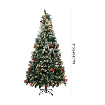 Decorative artificial Christmas tree with metal stand, 210 cm tall, lit with red and gold ornaments