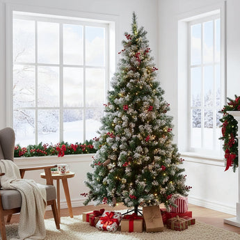 Artificial Christmas tree with lit branches and red ornaments on metal stand.
