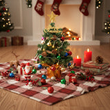 Decorative tabletop Christmas tree with gold star topper, multicolor baubles, glowing LED lights