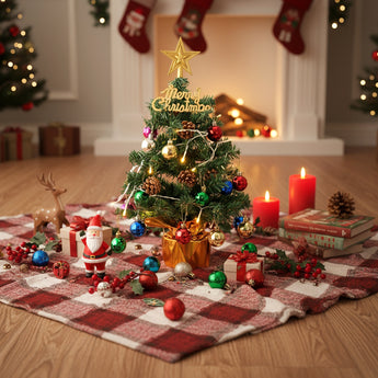 Decorative tabletop Christmas tree with gold star topper, multicolor baubles, glowing LED lights