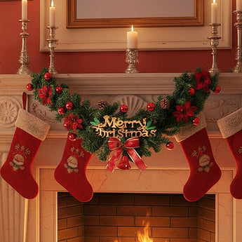 Christmas garland swag with green leaves, red poinsettias, ornaments, Merry Christmas sign, and ribbon