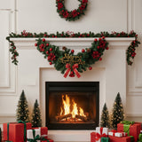 Christmas garland swag with green foliage, red ornaments and poinsettias, Merry Christmas sign, red bow