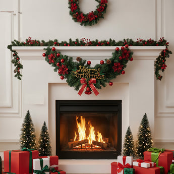 Christmas garland swag with green foliage, red ornaments and poinsettias, Merry Christmas sign, red bow