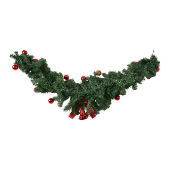 Christmas garland swag with green foliage, red baubles, and a small red bell charm