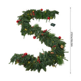 Artificial Christmas wreath with green pine foliage, red baubles, pine cones, and warm LED lights