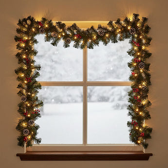 Artificial Christmas wreath with green pine branches, warm LED lights, and red bauble details