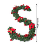 Artificial Christmas garland wreath with green pine, red poinsettias, and gold ribbon charms