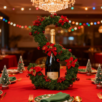 Artificial Christmas garland wreath with green pine, red poinsettias, and gold ornaments
