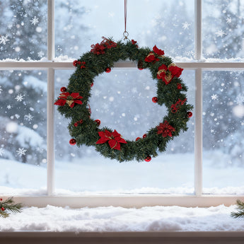 Artificial Christmas garland wreath with green pine, red poinsettias, and red baubles