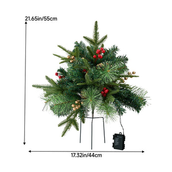 Artificial Christmas tree urn filler with green needles, red berries, gold lights and stake base