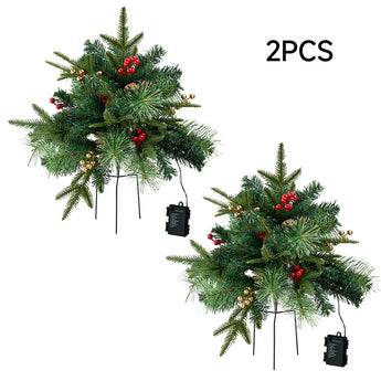 Pack of 2 artificial Christmas tree urn fillers with green branches, red berries, gold lights