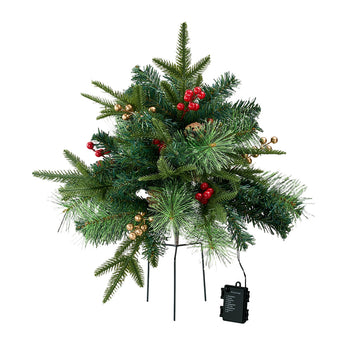 Artificial Christmas tree urn filler with green branches, red berries, gold accents and string lights