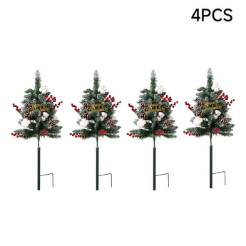 Set of 4 mini artificial Christmas tree decorations on stakes with red berries and pinecones