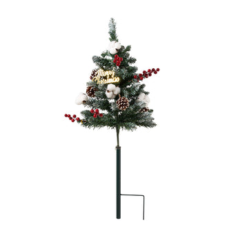 Mini artificial Christmas tree decoration on a stake with red berries and pinecones