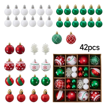 Assorted Christmas tree ornaments: red, green, and white baubles with snowflakes and stripes.