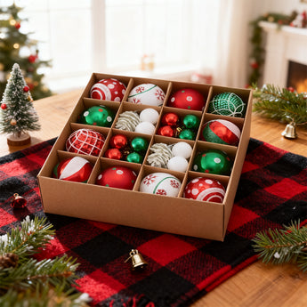 Cardboard box of Christmas tree ornaments in red, green, and white baubles and snowflakes.