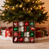 Christmas tree ornaments box with red, green, and white baubles plus pinecone-shaped pieces.