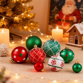 Christmas tree ornaments on tabletop: green, red, and white baubles with snowflake designs.