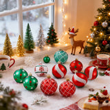Christmas tree ornaments set: red, green, and white baubles with snowflake and grid designs.