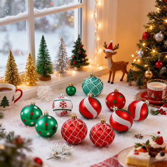 Christmas tree ornaments set: red, green, and white baubles with snowflake and grid designs.