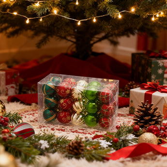 Christmas ornament set in clear box with mixed baubles and ribbon accents