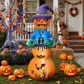 Aufblasbare 6-ft Stapel-Kürbis-Geisterdeko mit violettem Hut, Jack-o’-Lantern und Fledermaus