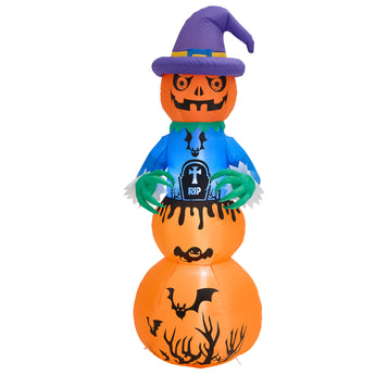 6-ft Stapel-Kürbis-Geist mit erhobenen grünen Händen, blauem Umhang und orangefarbenem Kürbis
