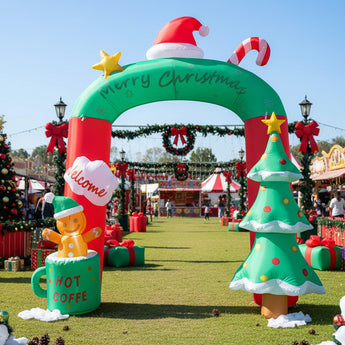 Inflatable Christmas archway with Merry Christmas banner, candy cane arch, tree centerpiece