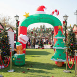 Inflatable Christmas archway with green top, red sides, Welcome sign and tree figures