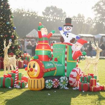6 ft Christmas inflatable Polar Express scene with snowman and elf waving