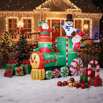 6 ft Christmas inflatable Polar Express train with snowman and candy-cane figure