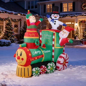 6 ft Christmas inflatable Polar Express scene: snowman, elf, candy-cane train