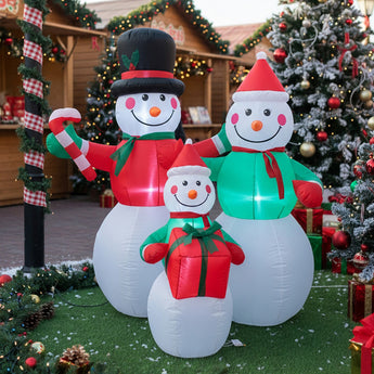 6ft Christmas inflatable snowman family set with LED lights, three smiling figures