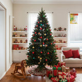Artificial Christmas tree, dark green with multicolor lights, ornaments, on wood stand