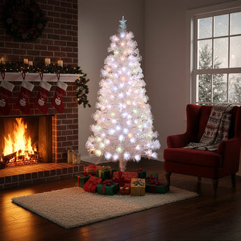 Pre-lit artificial Christmas tree with warm white LED lights on metal stand, full tree