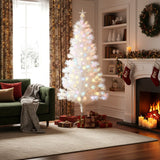 Pre-lit artificial Christmas tree with multicolor LED lights on metal stand, tabletop-height view