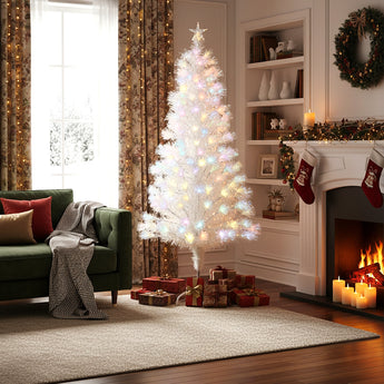 Pre-lit artificial Christmas tree with multicolor LED lights on metal stand, tabletop-height view
